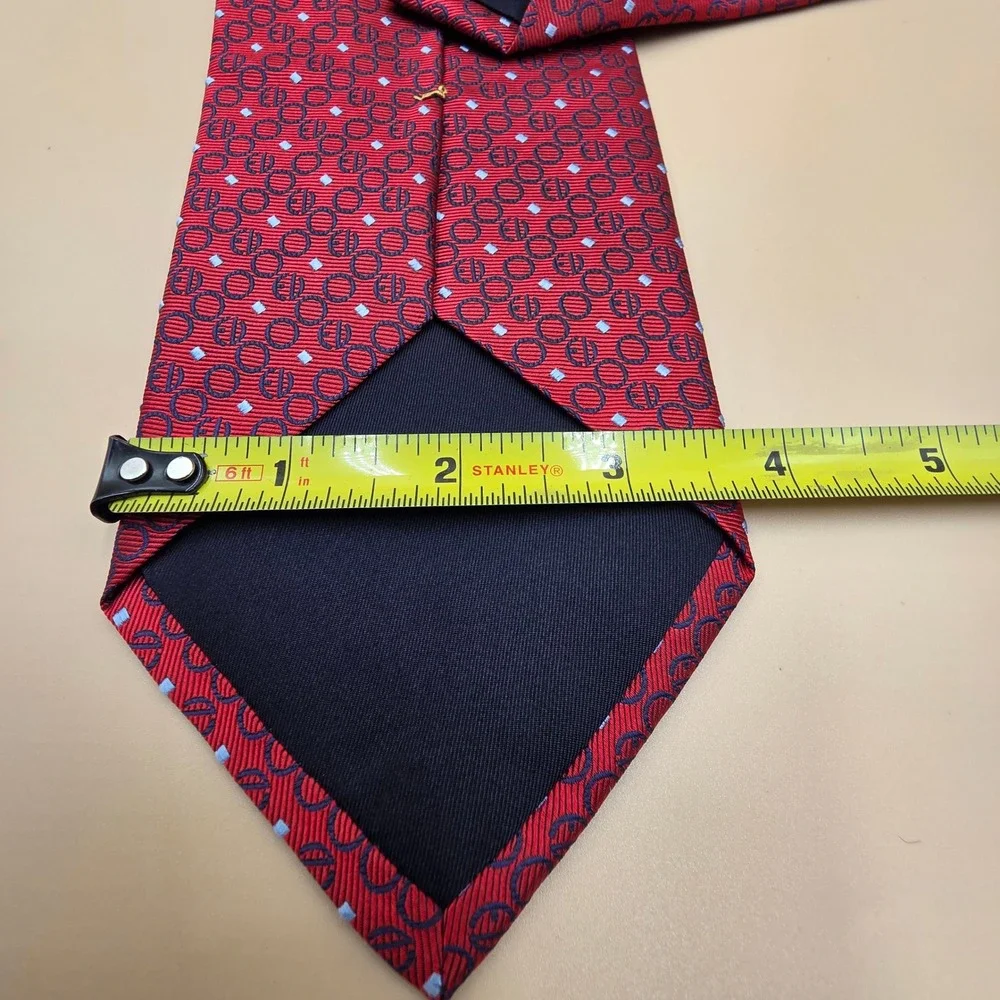 Eigenmann & Veronelli Mens Silk Tie Red Geometric Circles Squares Navy Blue